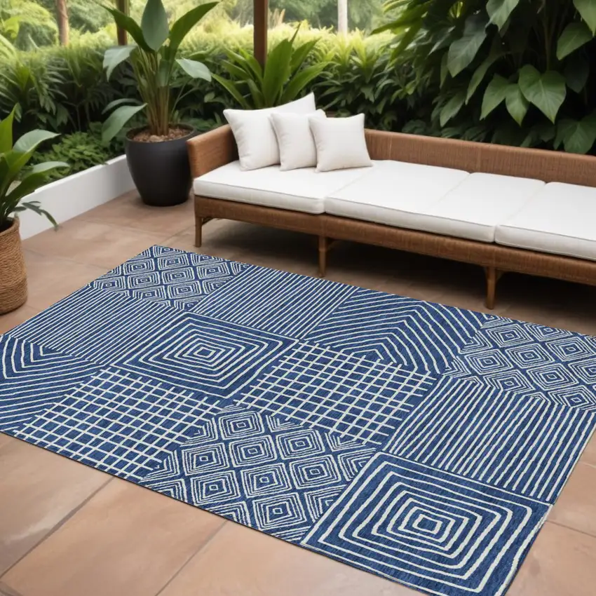 Navy Blue And Ivory Geometric Washable Indoor Outdoor Area Rug Photo 1
