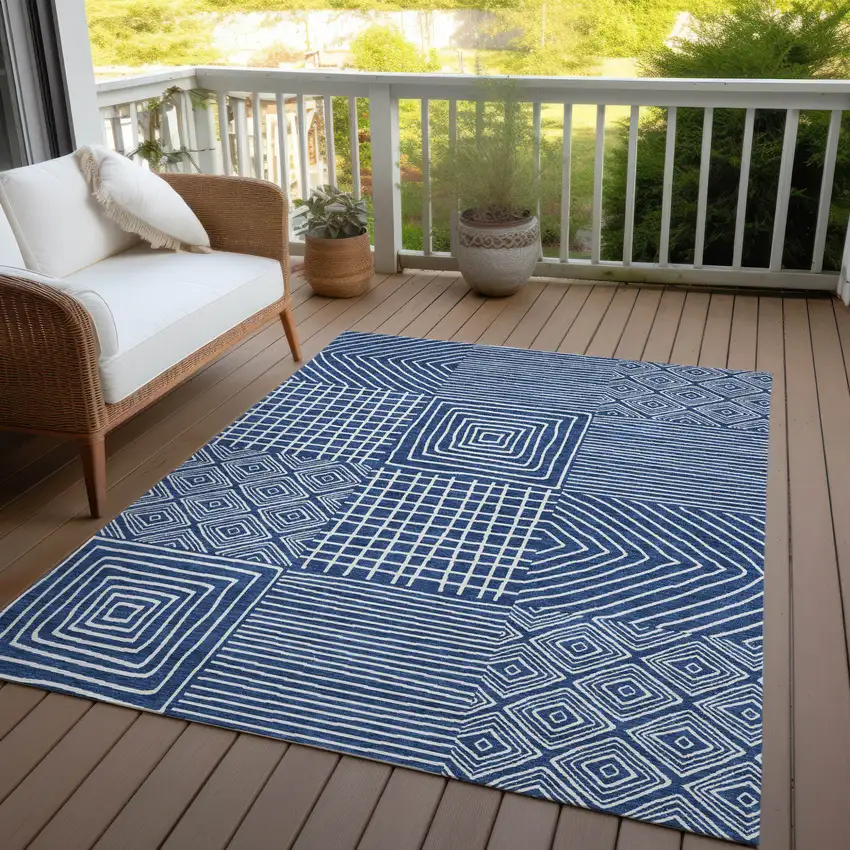 Navy Blue And Ivory Geometric Washable Indoor Outdoor Area Rug Photo 8
