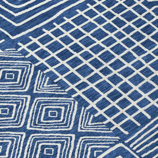 Navy Blue And Ivory Geometric Washable Indoor Outdoor Area Rug Photo 5