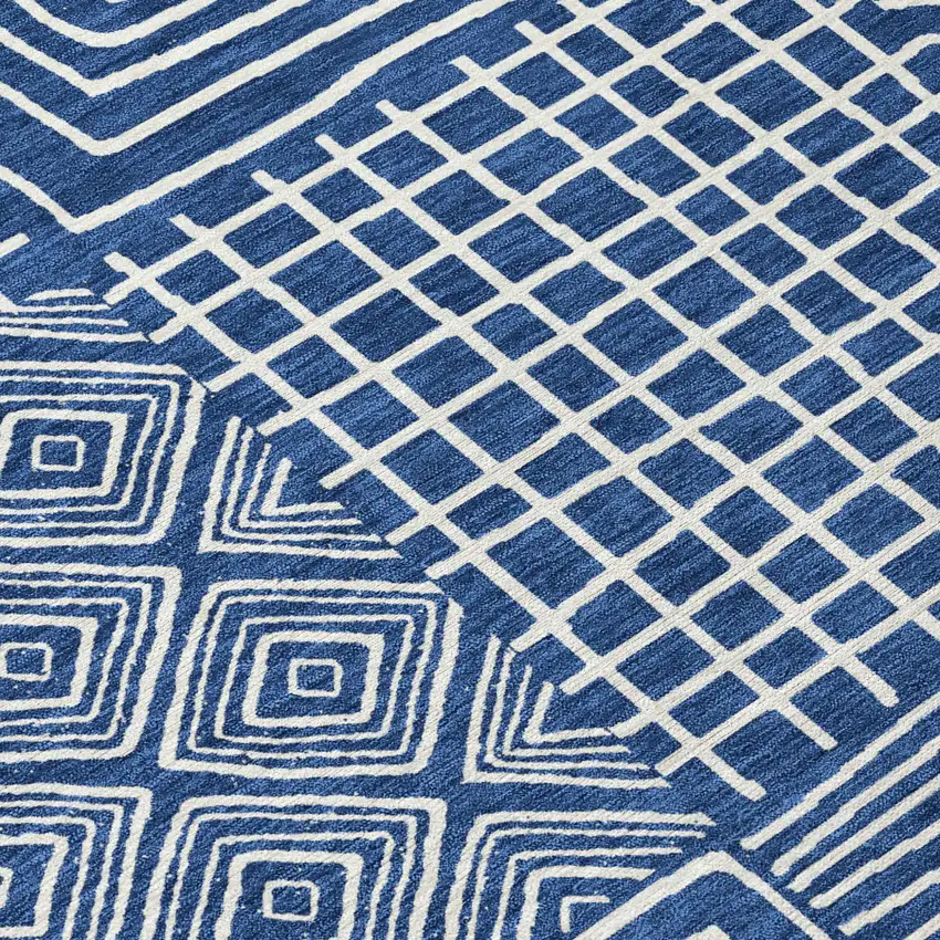 Navy Blue And Ivory Geometric Washable Indoor Outdoor Area Rug Photo 5