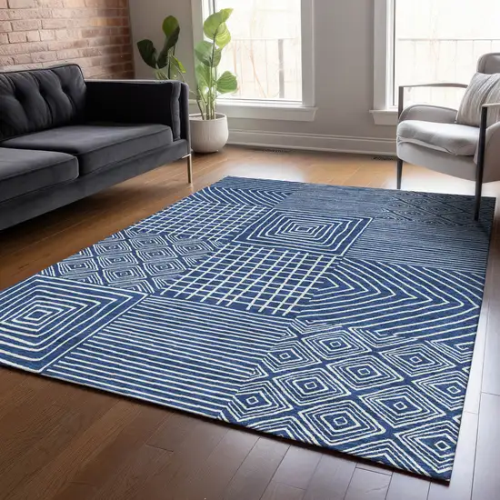 Navy Blue And Ivory Geometric Washable Indoor Outdoor Area Rug Photo 9