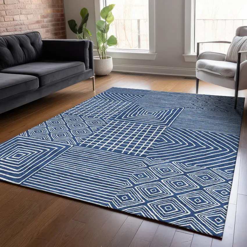 Navy Blue And Ivory Geometric Washable Indoor Outdoor Area Rug Photo 9