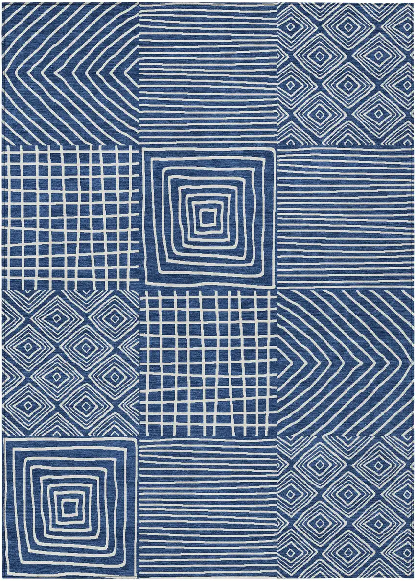 Navy Blue And Ivory Geometric Washable Indoor Outdoor Area Rug Photo 2