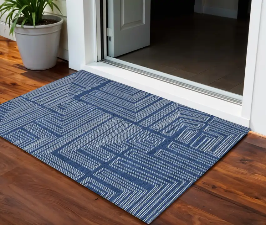 Navy Blue And Ivory Geometric Washable Indoor Outdoor Area Rug Photo 1
