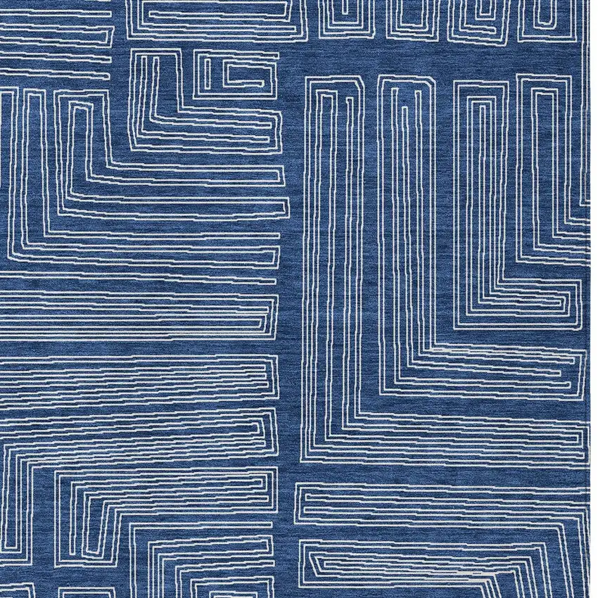 Navy Blue And Ivory Geometric Washable Indoor Outdoor Area Rug Photo 5