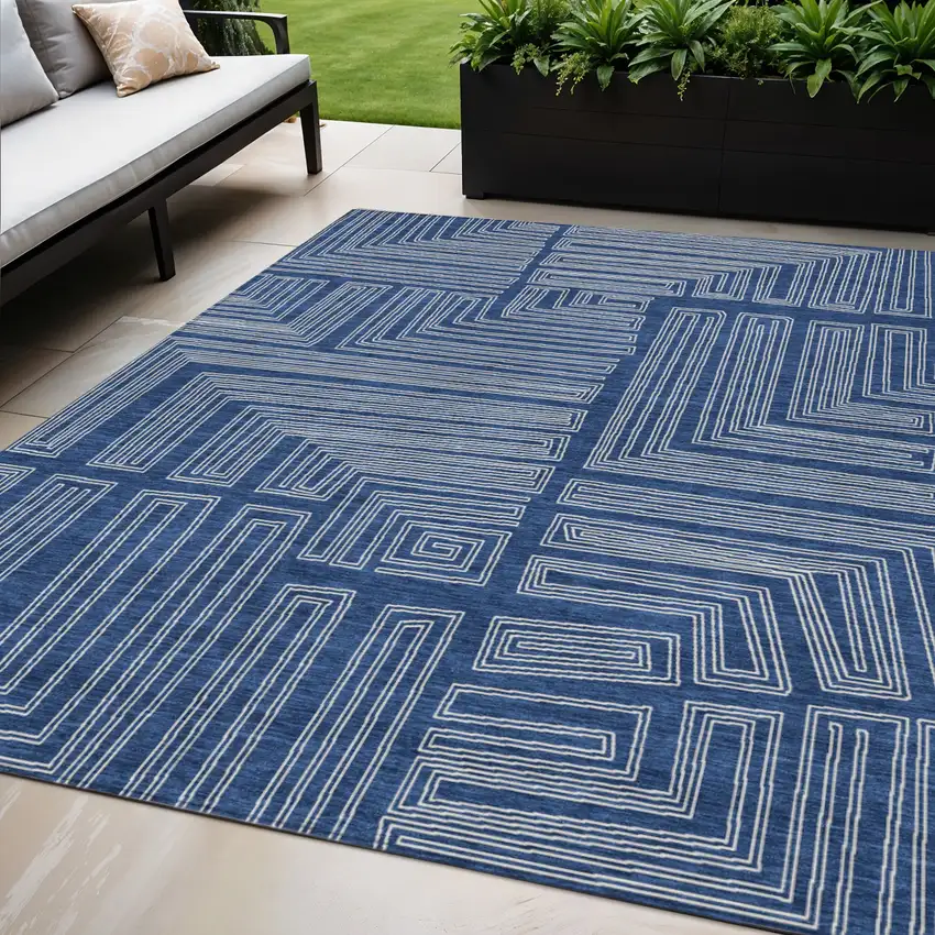 Navy Blue And Ivory Geometric Washable Indoor Outdoor Area Rug Photo 1