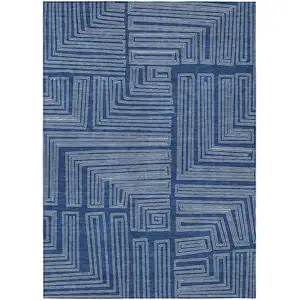 Photo of Navy Blue And Ivory Geometric Washable Indoor Outdoor Area Rug