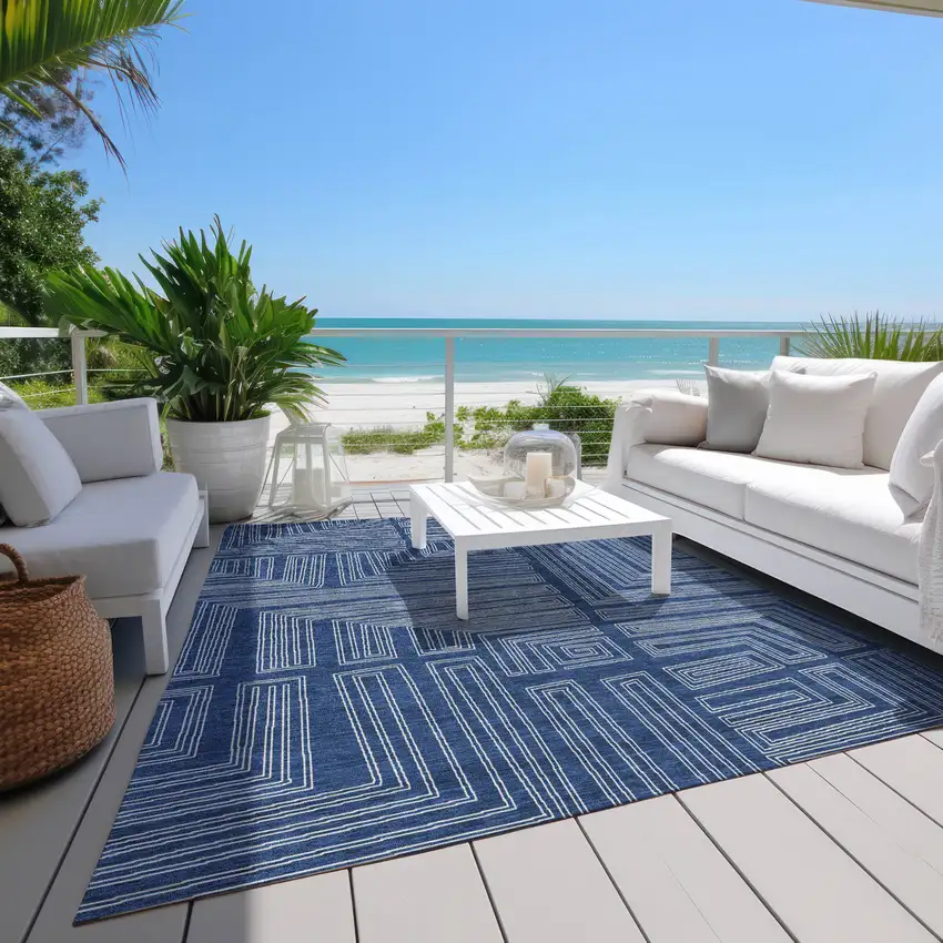 Navy Blue And Ivory Geometric Washable Indoor Outdoor Area Rug Photo 9