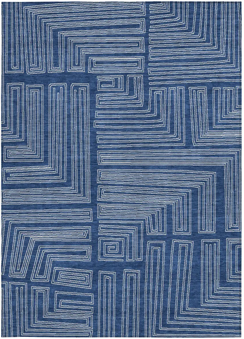 Navy Blue And Ivory Geometric Washable Indoor Outdoor Area Rug Photo 5