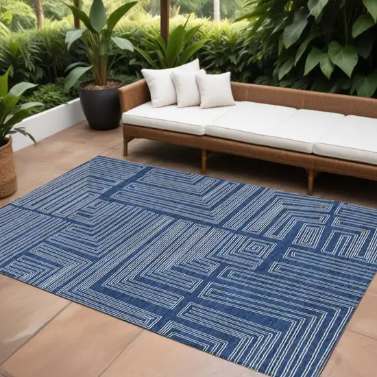 Navy Blue And Ivory Geometric Washable Indoor Outdoor Area Rug Photo 1