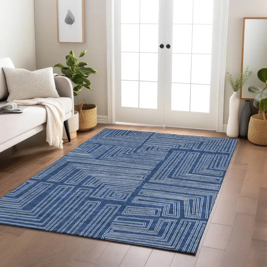 Navy Blue And Ivory Geometric Washable Indoor Outdoor Area Rug Photo 9