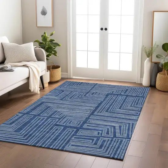 Navy Blue And Ivory Geometric Washable Indoor Outdoor Area Rug Photo 9