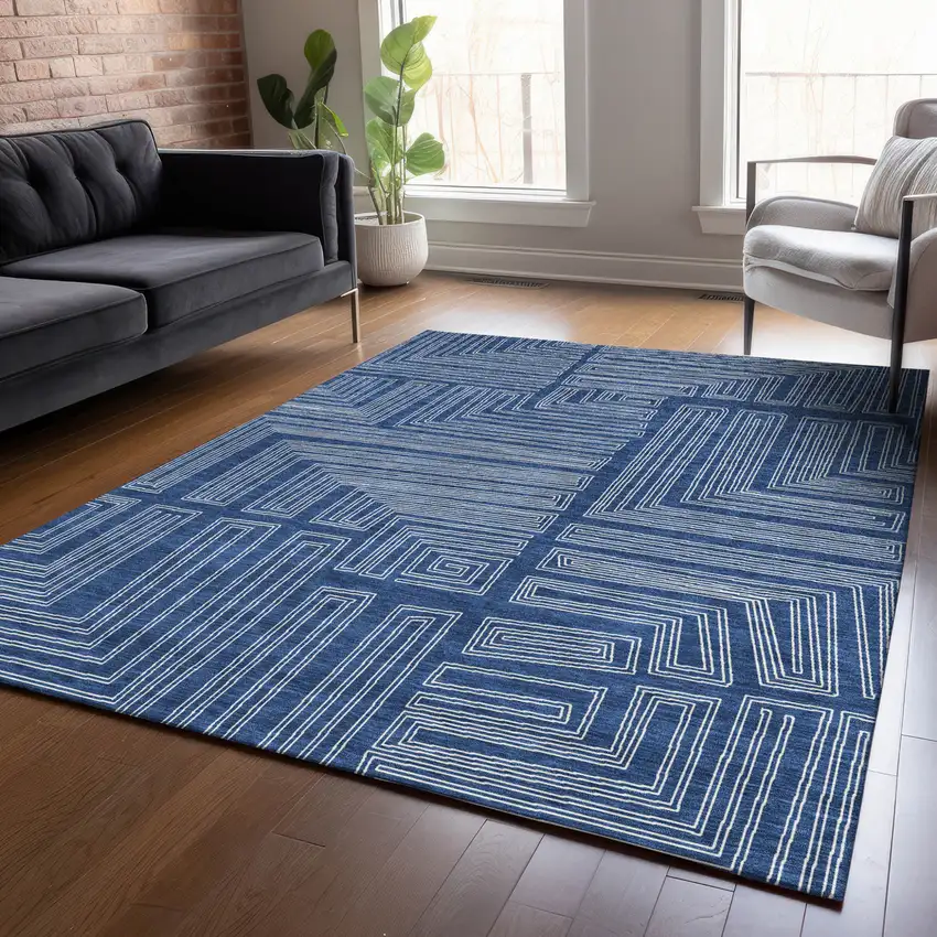 Navy Blue And Ivory Geometric Washable Indoor Outdoor Area Rug Photo 8