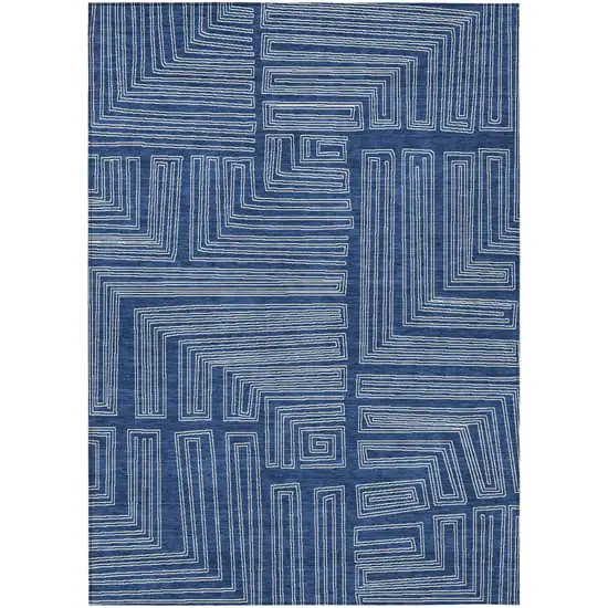 Navy Blue And Ivory Geometric Washable Indoor Outdoor Area Rug Photo 2