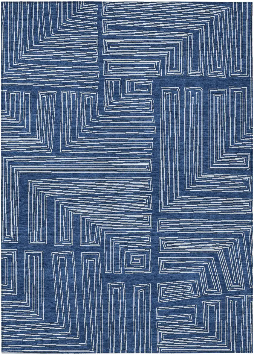 Navy Blue And Ivory Geometric Washable Indoor Outdoor Area Rug Photo 2