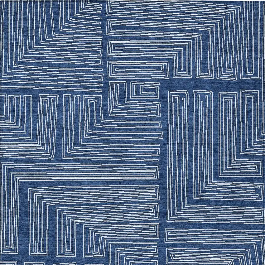 Navy Blue And Ivory Geometric Washable Indoor Outdoor Area Rug Photo 6