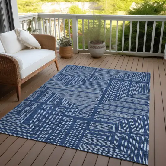 Navy Blue And Ivory Geometric Washable Indoor Outdoor Area Rug Photo 7
