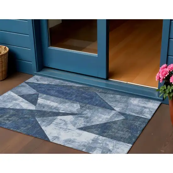 Navy Blue And Ivory Geometric Washable Indoor Outdoor Area Rug Photo 2