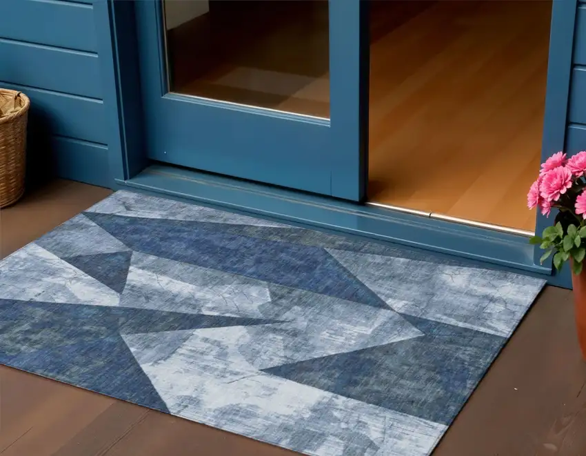 Navy Blue And Ivory Geometric Washable Indoor Outdoor Area Rug Photo 2