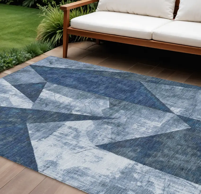 Navy Blue And Ivory Geometric Washable Indoor Outdoor Area Rug Photo 2