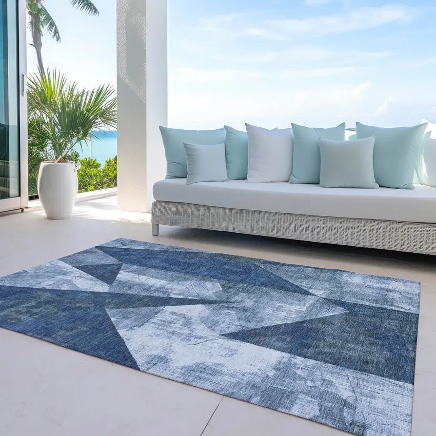 Navy Blue And Ivory Geometric Washable Indoor Outdoor Area Rug Photo 4
