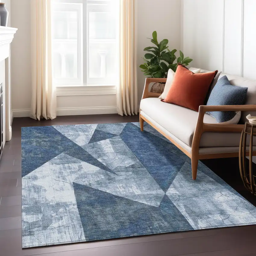 Navy Blue And Ivory Geometric Washable Indoor Outdoor Area Rug Photo 6