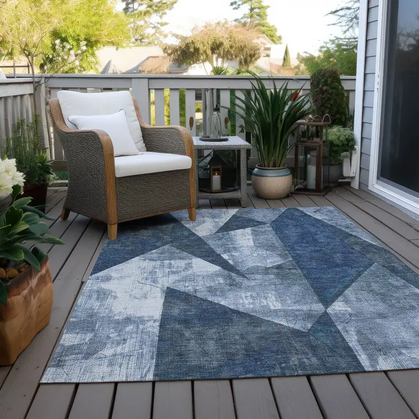 Navy Blue And Ivory Geometric Washable Indoor Outdoor Area Rug Photo 7