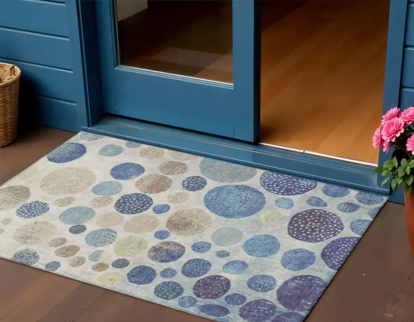 Navy Blue And Ivory Geometric Washable Indoor Outdoor Area Rug Photo 2