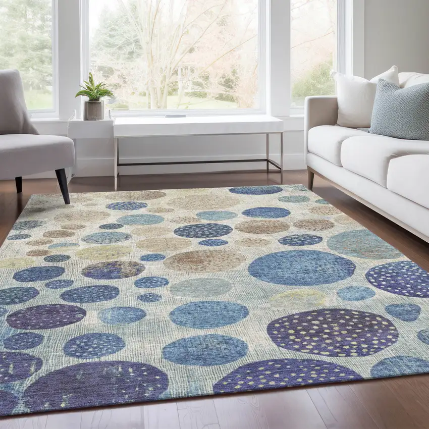 Navy Blue And Ivory Geometric Washable Indoor Outdoor Area Rug Photo 6