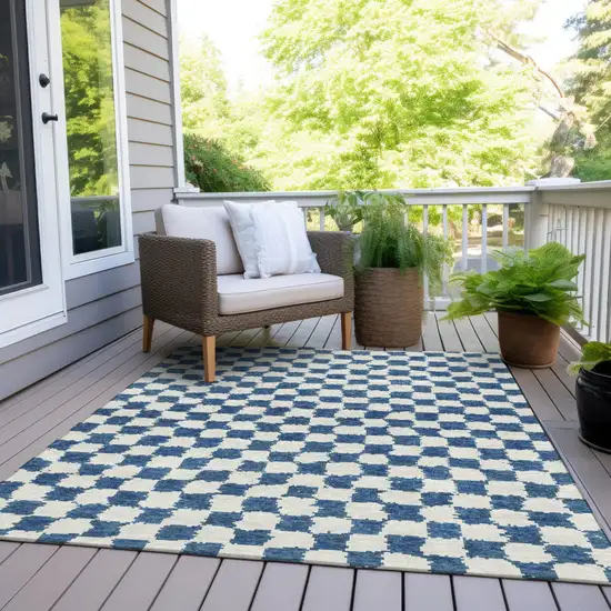 Navy Blue And Ivory Geometric Washable Indoor Outdoor Area Rug Photo 8