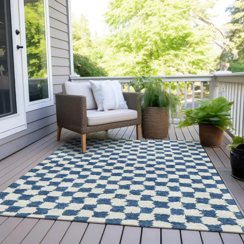 Navy Blue And Ivory Geometric Washable Indoor Outdoor Area Rug Photo 8
