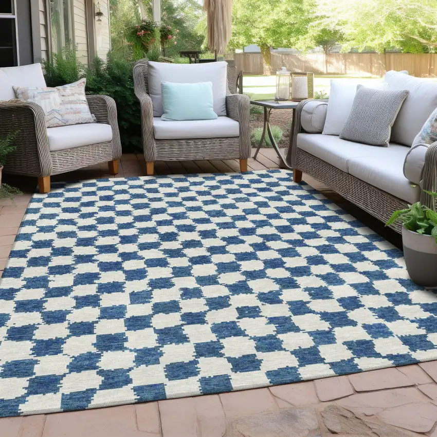 Navy Blue And Ivory Geometric Washable Indoor Outdoor Area Rug Photo 5