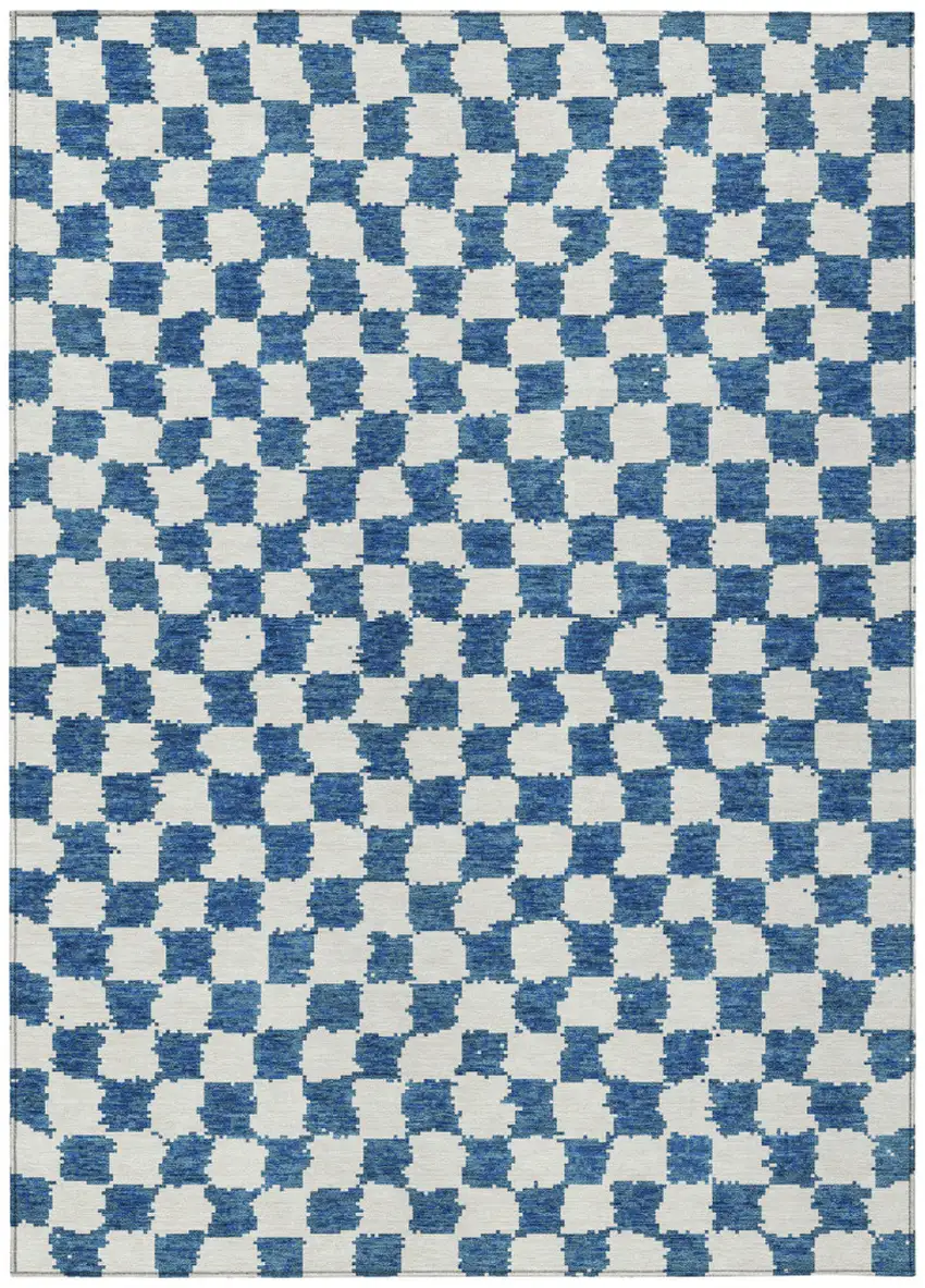 Navy Blue And Ivory Geometric Washable Indoor Outdoor Area Rug Photo 1