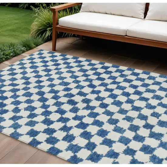 Navy Blue And Ivory Geometric Washable Indoor Outdoor Area Rug Photo 2