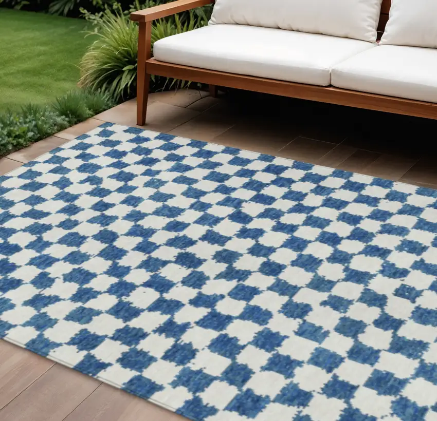 Navy Blue And Ivory Geometric Washable Indoor Outdoor Area Rug Photo 2