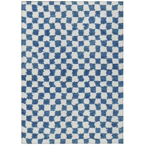 Navy Blue And Ivory Geometric Washable Indoor Outdoor Area Rug Photo 1