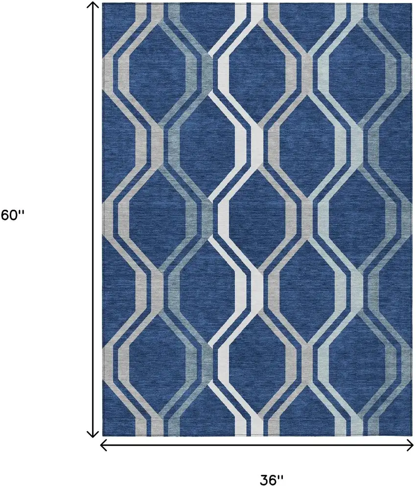 Navy Blue And Ivory Geometric Washable Indoor Outdoor Area Rug Photo 3