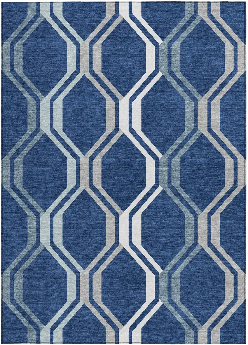 Navy Blue And Ivory Geometric Washable Indoor Outdoor Area Rug Photo 4