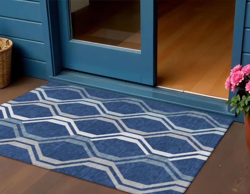 Navy Blue And Ivory Geometric Washable Indoor Outdoor Area Rug Photo 1