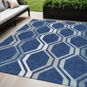 Photo of Navy Blue And Ivory Geometric Washable Indoor Outdoor Area Rug