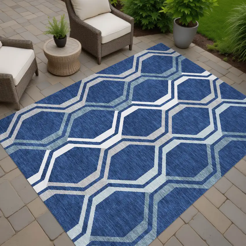 Navy Blue And Ivory Geometric Washable Indoor Outdoor Area Rug Photo 7