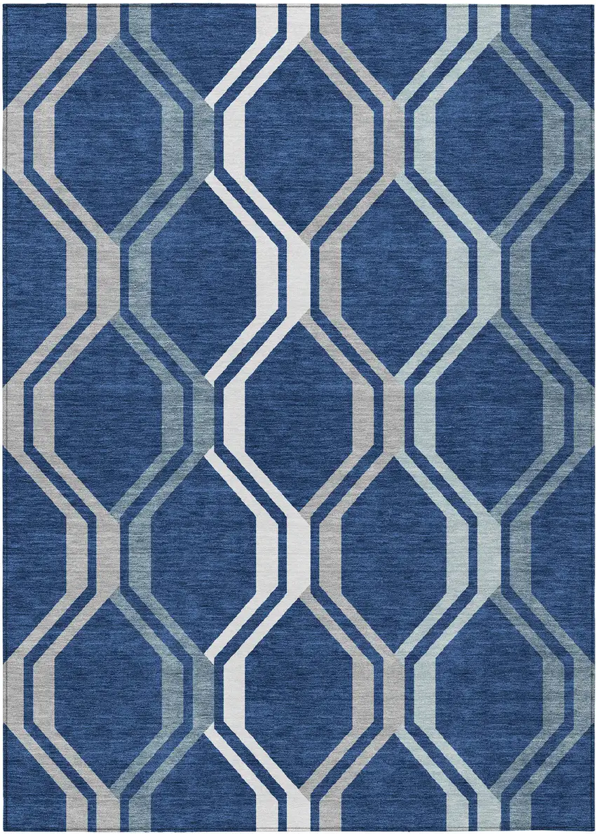 Navy Blue And Ivory Geometric Washable Indoor Outdoor Area Rug Photo 2