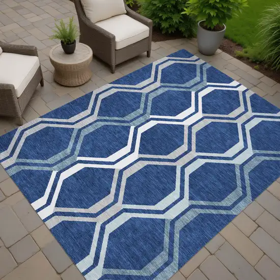 Navy Blue And Ivory Geometric Washable Indoor Outdoor Area Rug Photo 8
