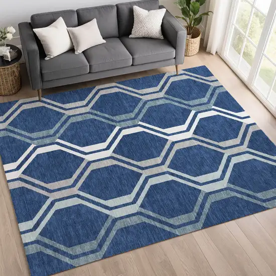 Navy Blue And Ivory Geometric Washable Indoor Outdoor Area Rug Photo 9