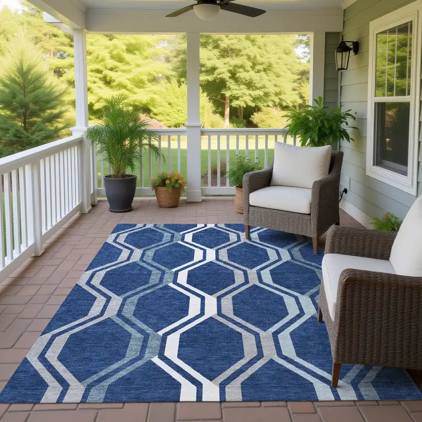 Navy Blue And Ivory Geometric Washable Indoor Outdoor Area Rug Photo 9