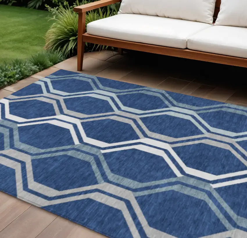 Navy Blue And Ivory Geometric Washable Indoor Outdoor Area Rug Photo 1