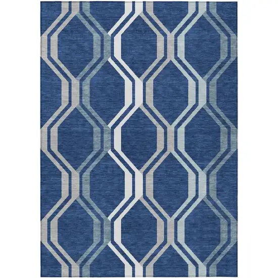 Navy Blue And Ivory Geometric Washable Indoor Outdoor Area Rug Photo 2