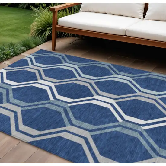 Navy Blue And Ivory Geometric Washable Indoor Outdoor Area Rug Photo 1