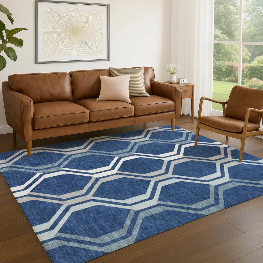 Navy Blue And Ivory Geometric Washable Indoor Outdoor Area Rug Photo 8