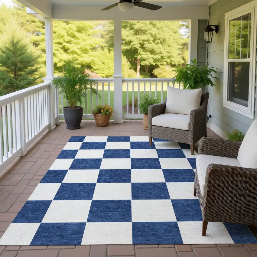 Navy Blue And Ivory Geometric Washable Indoor Outdoor Area Rug Photo 9